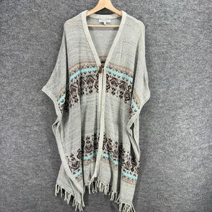 Kontrol Cape Women L Large Gray Knit Fringe One Button 3/4 Sleeve Acrylic Casual